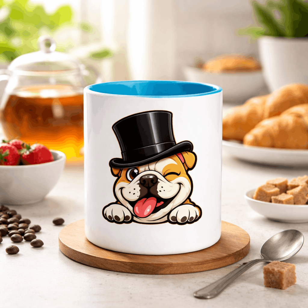 English Bulldog blue accent mug in the kitchen