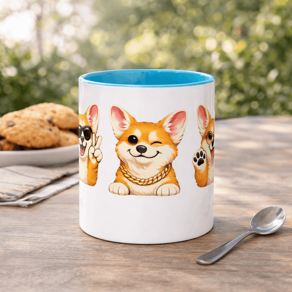 Corgi blue accent mug 11 oz on the table